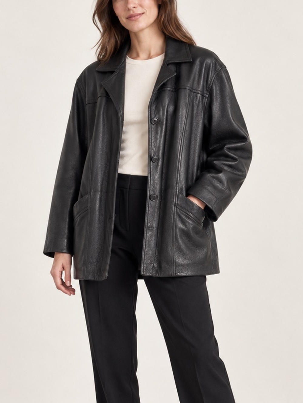 Unisex Black Leather Button-Front Jacket